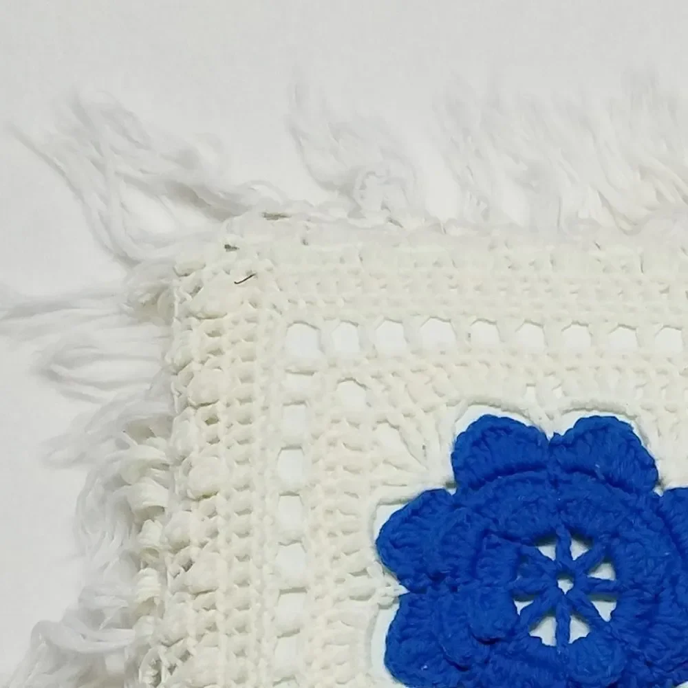 VINTAGE Blue Cream Floral Handmade Crochet Pillow